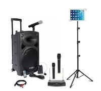 Pack Karaoke Enceinte portable USB Bluetooth Ibiza PORT12VHF-BT 700W 4 micros sans fil - Support tablette SMM20 - Soirée Sono