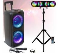 Pack Karaoké Enceinte sur Batterie Bluetooth 600W USB AUX SD TWS - Pied Lumière 4-en-1 Projecteurs PAR Astro Boum Enfant Cadeau