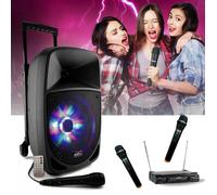 Pack Karaoké PARTY-8LED Enceinte Bluetooth Nomade 300W USB SD FM MP3 - 2 Micros Sans Fils UHF Soirée Fête Musique Cadeau Discours
