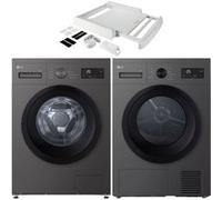 PACK Lave-linge LG hublot 9kg 1400trs/min + Sèche-linge LG Pompe à chaleur 8kg + Kit de superposition Gris