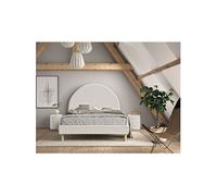 CONNIE - Pack Lit 140x200cm Tête Demi-Lune + 2 Poufs Tissu Bouclé Blanc -