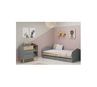 Pack Lit 90x200cm avec Tiroir + Commode 3 Tiroirs Coloris Gris et Naturel - KAINA -