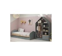 Pack Lit 90x200cm avec Tiroir + Dressing Cabane Coloris Gris et Naturel - KAINA -