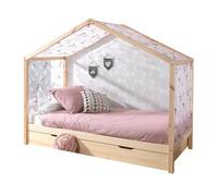 Pack Lit Cabane Enfant, Tiroir & Voile "Dallas II" 90x200cm Naturel