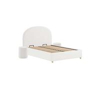 Pack Lit coffre 140x200cm Tête Demi-Lune + 2 Poufs Tissu Bouclé Blanc - CONNIE -