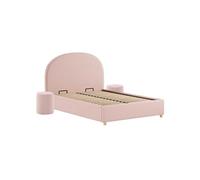 Pack Lit coffre 140x200cm Tête Demi-Lune + 2 Poufs Tissu Bouclé Rose - CONNIE -