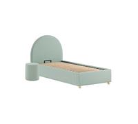 Pack Lit coffre 90x200cm Tête Demi-Lune + Pouf Tissu Bouclé Vert Olive - CONNIE -