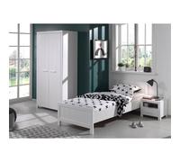 Pack - Lit Enfant, Sommier, Chevet & Armoire "Erik" 90x200cm Blanc