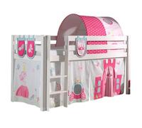 Vipack Pino Lit Sureleve Avec Sommier Blanc + Rideau + Tunnel De Lit + 3 Pochettes Little Princess