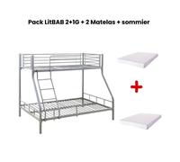 Pack: Lit superposé en métal COSTO sommier inclus + 2 Matelas 90/140x190 cm, 3 places Gris
