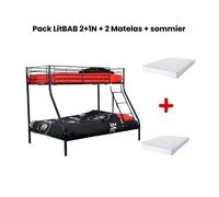 Pack: Lit superposé en métal COSTO sommier inclus + 2 Matelas 90/140x190 cm, 3 places Noir