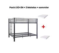 Pack Lit superposé en métal noir + matelas compris 4 places 2+2 COLOSSE 140x190 cm sommier inclus