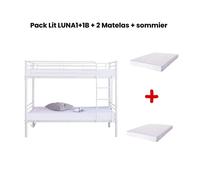 Pack : Lit superposé + Matelas compris Séparable métal LUNA 1+1 90x190 cm sommier inclus blanc