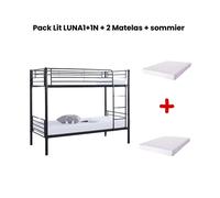 Pack : Lit superposé + Matelas compris Séparable métal LUNA 1+1 90x190 cm sommier inclus noir