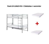 Pack Lit superposé séparable métal 2 couchages 90x190 cm gris + matelas LUNA