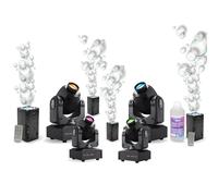 Pack Lumière 4 Lyres LED PARTY-SPOT7 10W DMX - 4 Machines à Bulles Ibiza LED BUBBLE-DREAM - Liquide à Bulles - Fête Soirée Mariage