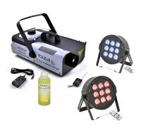 Pack Lumière Machine à Fumée Ibiza LSM1500PRO - 2 Projecteurs DMX THINPAR-9X6W-RGBW - Liquide à Fumée - Animation Mariage Soirée