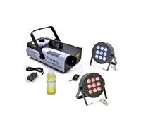 Pack Lumière Machine à Fumée Ibiza LSM1500PRO 2 Projecteurs DMX THINPAR-9X6W-RGBW - Liquide à Fumée - Animation Mariage Soirée