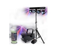 Pack Lumières LyteQuest Portique Eclairage soirée, Fête, avec 4 PAR /UV/FRIZTAL DMX 18 prog. + Machine à fumée et liquide inclus