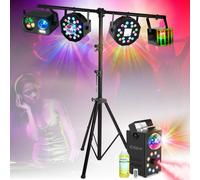 Pack Lumières PARTY - Pied support - 2 Projecteurs PAR-ASTRO STROBE - Effet Derby - Effet 3-en-1 Gobo Strobe Astro - Machine Fumée