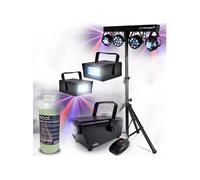 Pack Lumières Xperformer Portique Eclairage soirée, Fête, avec 4 PAR /UV/FRIZTAL DMX 18 prog. +Machine à fumée et liquide inclus