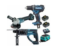 Pack Makita 18V 5Ah: Perceuse 62Nm DDF482 + Meuleuse 125mm DGA504 + Perforateur 2J DHR202 + 2 batteries + sac