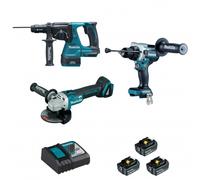 Lot 3 outils 18V - perceuse visseuse DDF486 + perfo-burineur DHR243 + disqueuse DGA506 - MAKITA - avec 3 batteries 18V 5.0Ah - chargeur - MakPac - DLX3157TJ