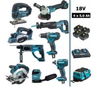 Pack Makita 9 machines 18V 5Ah: DDF482 + DTD152 + DGA504 + DHR202 + DJR186 + DJV180 + DSS610 +DBO180+DKP180+4 batteries+sac