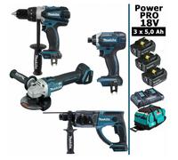 Pack Makita Power PRO 18V 4 outils: DDF458 + DHR202 + DGA504 + DTD152 + 3 batt 5Ah + sac
