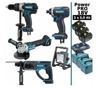 Pack Makita Power PRO 18V: Perceuse 91Nm DDF458 + Meuleuse 125mm DGA504 + Perforateur 2J DHR202 + Visseuse à chocs 165Nm DTD152