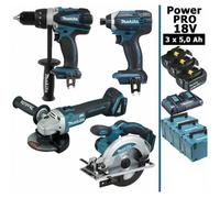 Pack Makita Power PRO 18V: Perceuse 91Nm DDF458 + Meuleuse 125mm DGA504 + Visseuse à chocs 165Nm DTD152 + Scie circulaire 165mm
