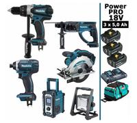 Pack Makita Power PRO 6 outils 18V: DDF458 + DTD152 + DHR202 + DSS610 + DMR108 + Projecteur + 3 batt 5Ah + sac