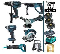 Pack MAKITA Power PRO 7 outils 18V : DDF458 + DHR202 + DTD152 + DGA504 + DSS610 + DJR186 + DEADML805 + 3 batt 5Ah + sac