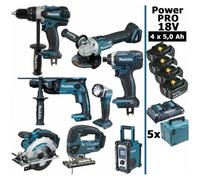 Pack Makita Power PRO 8 outils 18V: DDF458 DHR202 DGA504 DTD152 DJV180 DSS610 DMR108 DEADML802 4 batt 5Ah 5 Coffrets