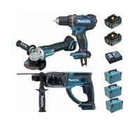 Pack Makita Premium 18V 5Ah: Perceuse 62Nm DDF482 + Meuleuse 125mm DGA504 + Perforateur 2J DHR202 + 2 batteries + 3 MakPac