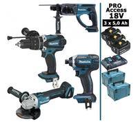 Pack Makita Pro 18V 5Ah: Perceuse 91Nm DHP458 + Meuleuse 125mm DGA504 + Perforateur 2J DHR202 + Visseuse à chocs 165Nm DTD152 +