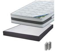 SEYCHELLES - Pack Matelas 140x190 + Sommier Tapissier Démontable 2x20 Lattes Anthracites + Pieds Argent 15cm -