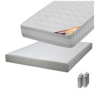 TAHITI - Pack Matelas 140x190 + Sommier Tapissier Démontable 2x20 Lattes Lin + Pieds Argent 15cm -