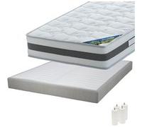 SEYCHELLES - Pack Matelas 160x200 + Sommier Tapissier Démontable 2x20 Lattes Lin + Pieds Blancs 15cm -