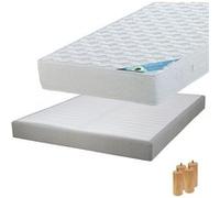 Pack Matelas 160x200 + Sommier Tapissier Démontable 2x20 Lattes Lin + Pieds Bois 15cm - MALDIVES -