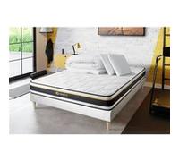 Pack Matelas Soft - Mousse - Ep : 19cm - Sommier kit Blanc avec couette et 2 oreillers G