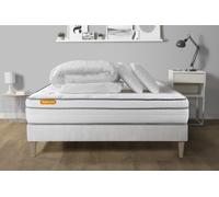 Pack Matelas + Sommier Kit Blanc 140x200 Memo Luxe Ressorts Ensaches + Memoire De Forme + Couette + 2 Oreillers