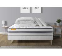 Pack Matelas + Sommier Kit Blanc 180x200 Memo Spring Ressorts Ensaches Maxi Epaisseur + Couette + 2 Oreillers
