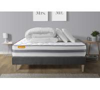 Pack Matelas + Sommier Kit Gris 160x200 Memo Spring Ressorts Ensaches Maxi Epaisseur + Couette + 2 Oreillers