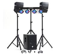 Pack MEGA Sono DJ complet BMS-12-ARRAY-BT, 1000W, Enceintes satellites, Caisson 31cm USB/Bluetooth, Câbles, Eclairage LED