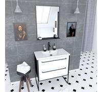 Pack meuble de salle de bain 80x50 cm - 2 tiroirs blanc - vasque blanche + miroir noir mat