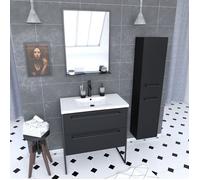 Pack meuble de salle de bain 80x50 cm Noir - 2 tiroirs - vasque blanche - miroir - colonne suspendu