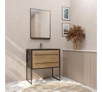 Pack Meuble Salle de Bain 80 cm Noir Mat & Bois 2 Tiroirs - Vasque Noire Effet Pierre - Miroir