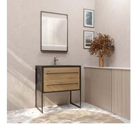 Pack Meuble Salle de Bain 80 cm Noir Mat & Bois 2 Tiroirs - Vasque Noire Effet Pierre - Miroir Led