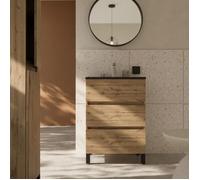 Pack Meuble Salle de Bains 50cm Chêne Naturel 3 Tiroirs avec Vasque Céramique Noire - TIMBER